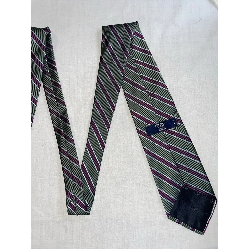Brooks Basics Men’s Dress Tie Size 58” Green Purple Striped Silk Business Formal